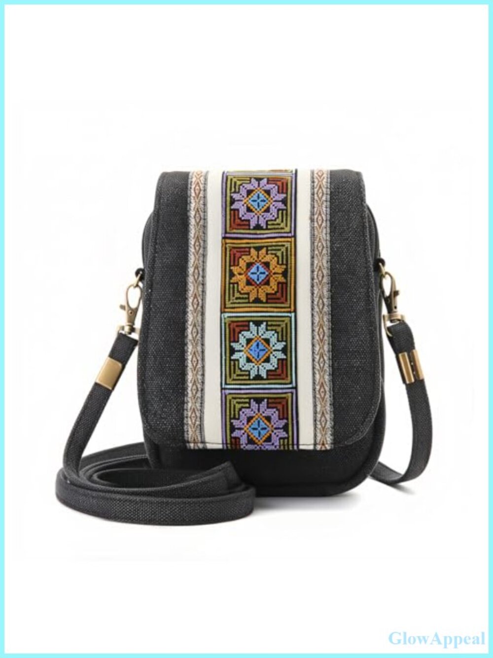 Embroidered Canvas Crossbody Phone Bag Boho Small Purse 3 Compartments